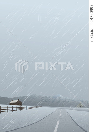 Countryside landscape in rainy day have mountain ranges and dusk sky vertical background graphic illustration. Countryside landscape in rainy day have mountain ranges and dusk sky vertical background graphic illustration. 134730995