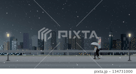 Cityscape in winter season at night with couple of lover under umbrella walking on the sidewalk have skyscraper and night sky background graphic illustration. Cityscape in winter season at night with couple of lover under umbrella walking on the sidewalk have skyscraper and night sky background graphic illustration. 134731000