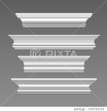 White cornice molding with decorative trim element White cornice molding with decorative trim element 134731225