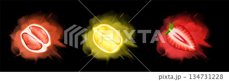 Fruit taste explosion effect on black background Fruit taste explosion effect on black background 134731228