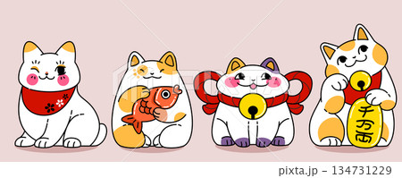 Maneki neko cats set isolated on background Maneki neko cats set isolated on background 134731229