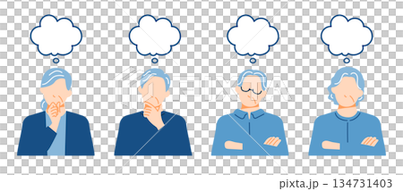 Illustration of senior men and women with thinking expressions. With speech bubble. 134731403