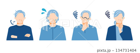 シニア世代の男性と女性が困っている表情イラスト。フラットデザイン。 シニア世代の男性と女性が困っている表情イラスト。フラットデザイン。 134731404