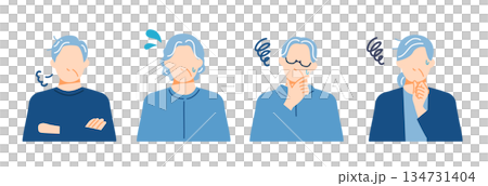 シニア世代の男性と女性が困っている表情イラスト。フラットデザイン。 シニア世代の男性と女性が困っている表情イラスト。フラットデザイン。 134731404