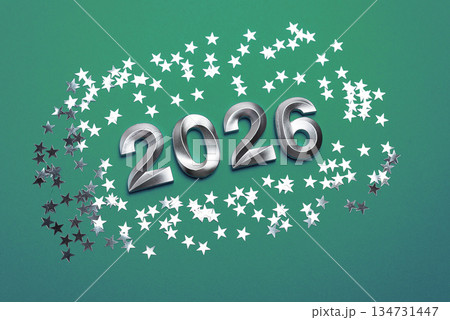 Metallic 2026 Numbers with Silver Star Confetti on Green Background Metallic 2026 Numbers with Silver Star Confetti on Green Background 134731447