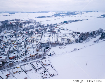 Aerial view of Highland village Puklice in Czech Republic in winter 134731482