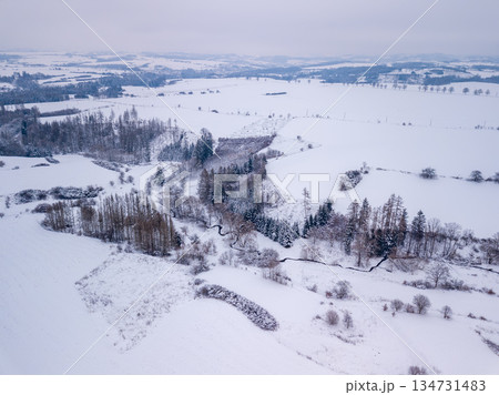 Snowy Winter Landscape with Winding River in Czechia. Highland, Vysocina, Czech Republic 134731483
