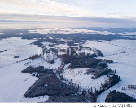 Aerial view of snow covered landscape with forests, Highland, Vysocina, Czech Republic 134731499