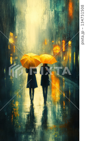 Two people, each holding a yellow umbrella, stroll through a rain-drenched provincial town street, the blurred surroundings adding to the calm and relaxed atmosphere in soft, muted tones 134731508