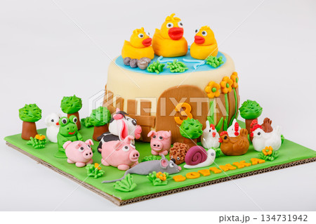 Animal Farm Cake for Third Birthday with Ducks in a Pond Topper 134731942