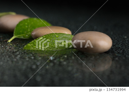 Zen Stones and Green Leaves with Water Droplets on Dark Surface Zen Stones and Green Leaves with Water Droplets on Dark Surface 134731994