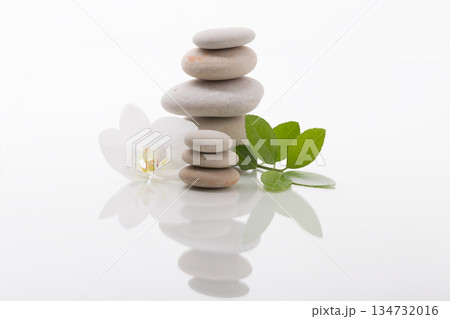Zen Stones Stack with Orchid Blossom and Green Leaves 134732016