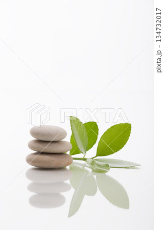 Zen Stones Stacked with Green Leaves on White Reflective Background 134732017