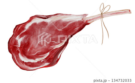 A piece of raw meat on the bone watercolor illustration. Food clip art. Hand-drawn organic cow meat on a white background. Perfect for cookbook design, restaurant menus, and butcher shop signs. A piece of raw meat on the bone watercolor illustration. Food clip art. Hand-drawn organic cow meat on a white background. Perfect for cookbook design, restaurant menus, and butcher shop signs. 134732033