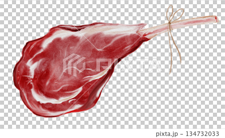 A piece of raw meat on the bone watercolor illustration. Food clip art. Hand-drawn organic cow meat on a white background. Perfect for cookbook design, restaurant menus, and butcher shop signs. A piece of raw meat on the bone watercolor illustration. Food clip art. Hand-drawn organic cow meat on a white background. Perfect for cookbook design, restaurant menus, and butcher shop signs. 134732033
