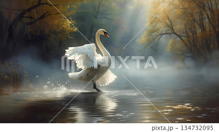 幻想的で美しい森の水場に一羽の白鳥のイラスト 幻想的で美しい森の水場に一羽の白鳥のイラスト 134732095
