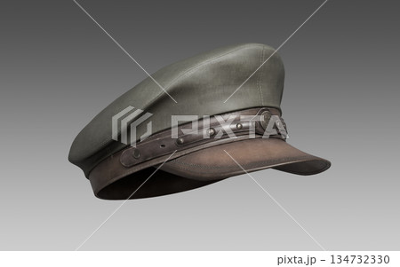 Vintage Military Officer Peaked Cap with Insignia. 3D Rendering. 134732330