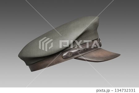 Vintage Military Officer Peaked Cap with Insignia. 3D Rendering. Vintage Military Officer Peaked Cap with Insignia. 3D Rendering. 134732331