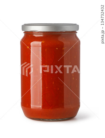 Glass jar filled with red tomato pasta sauce Glass jar filled with red tomato pasta sauce 134732432