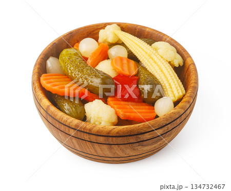 Pickled vegetables mix in wooden bowl 134732467