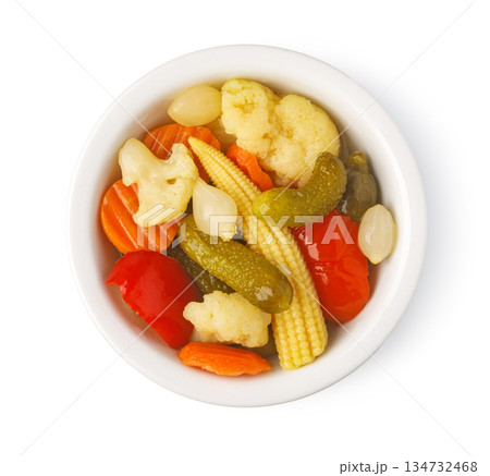 Giardiniera mixed pickled vegetables in white bowl 134732468