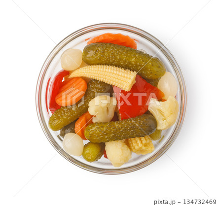 Mixed pickled vegetables in glass bowl, appetizer food 134732469