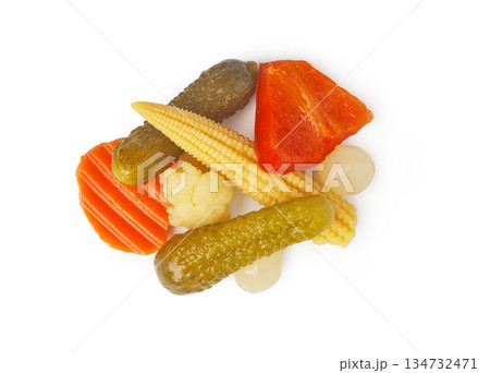Pickled vegetables giardiniera mix on white background 134732471