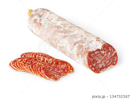 Cured sausage and sliced salami on white background Cured sausage and sliced salami on white background 134732587