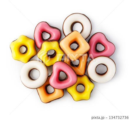 Colorful iced cookies in various shapes on white background Colorful iced cookies in various shapes on white background 134732736