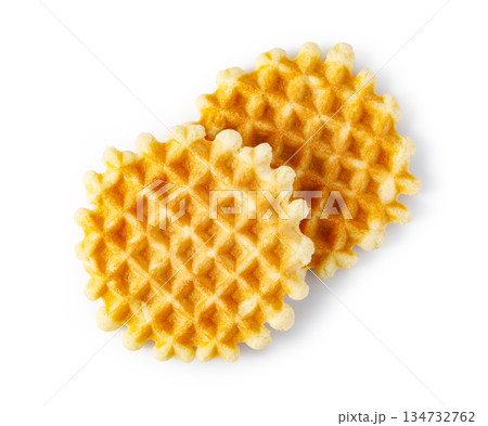 Two golden waffles baked on white background 134732762
