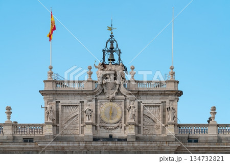 Clock and bell tower detail on the Royal Palace of Madrid facade, Spain 134732821