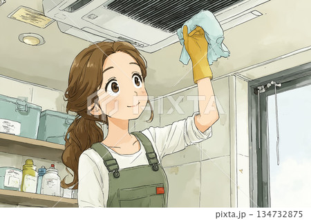 天井エアコンを手入れする女性の清掃作業 134732875