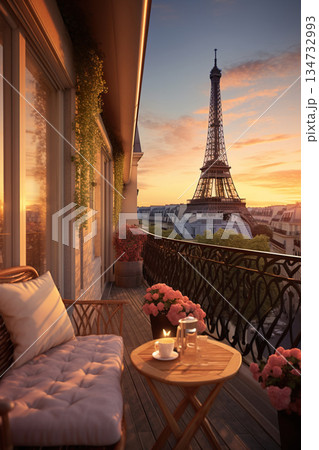 terrace or balcony with Eiffel tower view at sunset, romantic vacation at Paris terrace or balcony with Eiffel tower view at sunset, romantic vacation at Paris 134732993