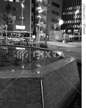 雨の日の歩道にモノクロで描かれた四つ葉のモノクロ写真 134733027