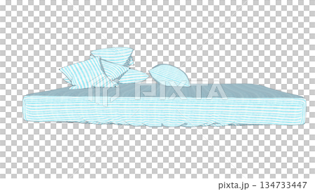 從側面可以看到淺藍色的床罩、床墊和枕頭。 從側面可以看到淺藍色的床罩、床墊和枕頭。 134733447