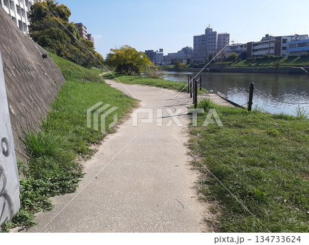 川沿いの道 緑の多い道 川沿いの道 緑の多い道 134733624