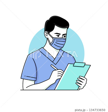 Illustration of a healthcare worker in scrubs and mask writing on a clipboard, symbolizing dedication, care, and medical professionalism. Illustration of a healthcare worker in scrubs and mask writing on a clipboard, symbolizing dedication, care, and medical professionalism. 134733650