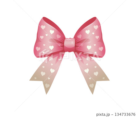 Cute pink ribbon bow decorated with white heart patterns, symbolizing love, sweetness, and romantic gift decoration. 134733676