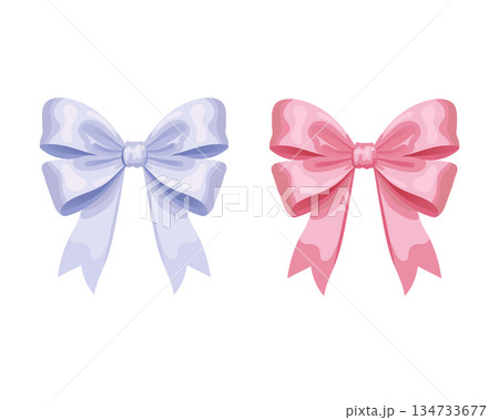 Two glossy ribbon bows in pastel pink and blue, symbolizing elegance, charm, and celebration for gifts or decorations. Two glossy ribbon bows in pastel pink and blue, symbolizing elegance, charm, and celebration for gifts or decorations. 134733677