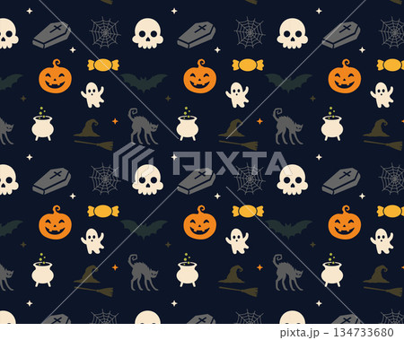 Cute seamless Halloween pattern with pumpkins, ghosts, skulls, bats, and candy on dark background for festive spooky design. 134733680