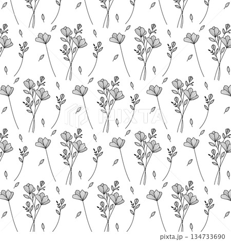 Seamless black and white floral pattern with delicate line art flowers and leaves 134733690