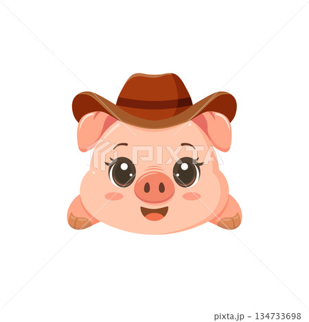 Cute cartoon pig wearing a brown cowboy hat, smiling happily with big shiny eyes, perfect for farm or western themed design. 134733698