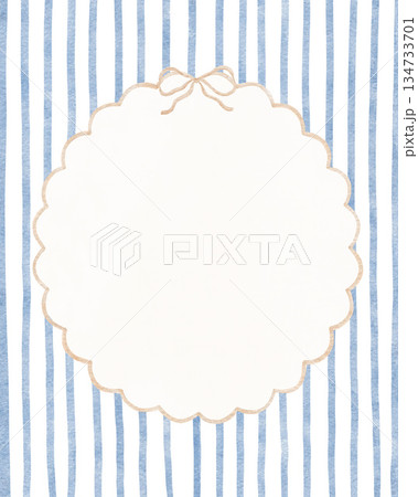 Watercolour hand drawn blue whimsical frame, cottagecore striped card with ribbon and coquette bow. Illustration for baby boy. Template poster for design baby shower Watercolour hand drawn blue whimsical frame, cottagecore striped card with ribbon and coquette bow. Illustration for baby boy. Template poster for design baby shower 134733701