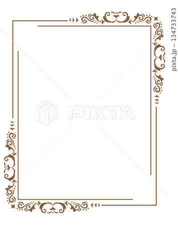 Elegant brown ornamental border with classic floral corners, perfect for invitations, certificates, or decorative print designs. Elegant brown ornamental border with classic floral corners, perfect for invitations, certificates, or decorative print designs. 134733743