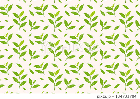 Seamless pattern of green tea leaves on a soft beige background, Seamless pattern of green tea leaves on a soft beige background, 134733784