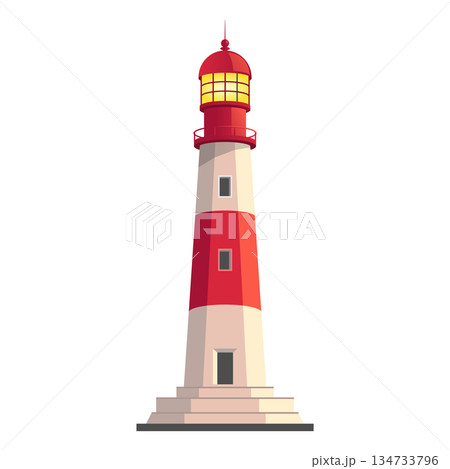 Tall red and white lighthouse with glowing top light standing on a stone base, symbolizing guidance and safety by the sea. 134733796