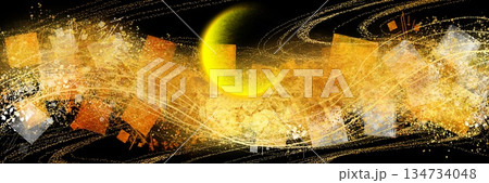 夜空の三日月背景と金銀砂子が輝く豪華,横長黒背景 134734048