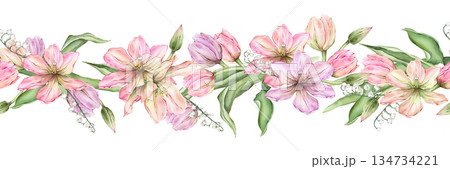 Seamless banner of Pastel pink light violet yellow bud Tulips watercolor illustration isolated on background. Hand drawn delicate spring perennial bulbous flower for spring wedding design or border Seamless banner of Pastel pink light violet yellow bud Tulips watercolor illustration isolated on background. Hand drawn delicate spring perennial bulbous flower for spring wedding design or border 134734221
