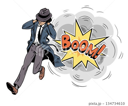 Retro agent running away from comic explosion boom 134734610