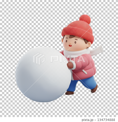 Adorable 3d cartoon child happily rolling a large snowball to build a snowman, perfect for winter fun, family activities, and joyful seasonal scenes 134734888